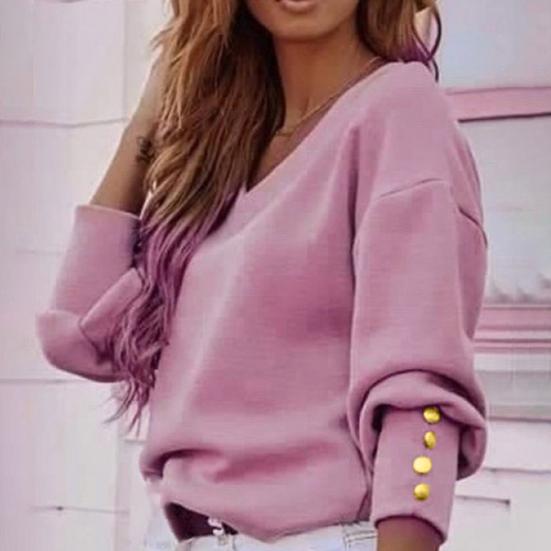 

Autumn Winter Women Solid Color Long Puff Sleeve V Neck Blouse Buttons