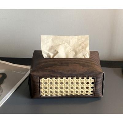 Boîte à mouchoirs tressée en rotin Boîte de rangement en bois vintage pour papier Décoration d'intérieur de grande valeur Porte-serviettes pour salon