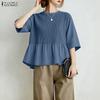 Women Casual Round Neck Solid Color Loose 3/4 Sleeve Pleated Blouse