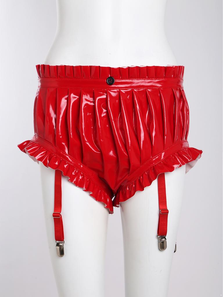 Women's Wet Look PU Leather Briefs S-3XL: Ruffled Trim Ruched Bloomer Shorts with Garter Clips Glossy Nightwear for Nightclub Rave Party