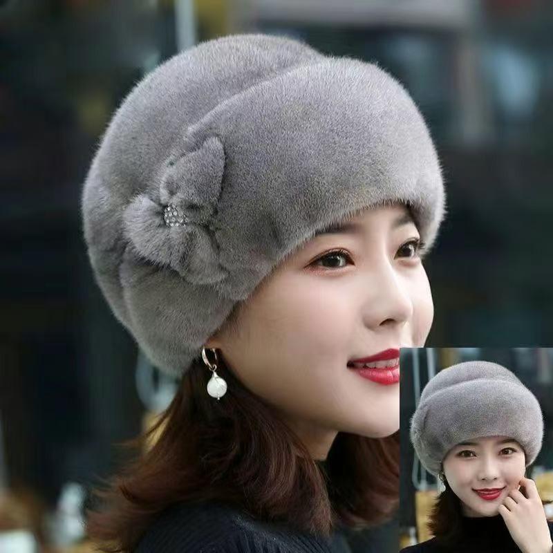 High Top Faux Mink Plush Hat with Decorative Flower for Autumn and Winter Warm Hat