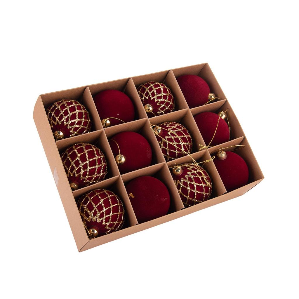 6cm Burgundy Flocked Christmas Baubles with Gold Glitter, 48Pcs Gift Box, 4 Patterns Xmas Tree Hanging Ornaments