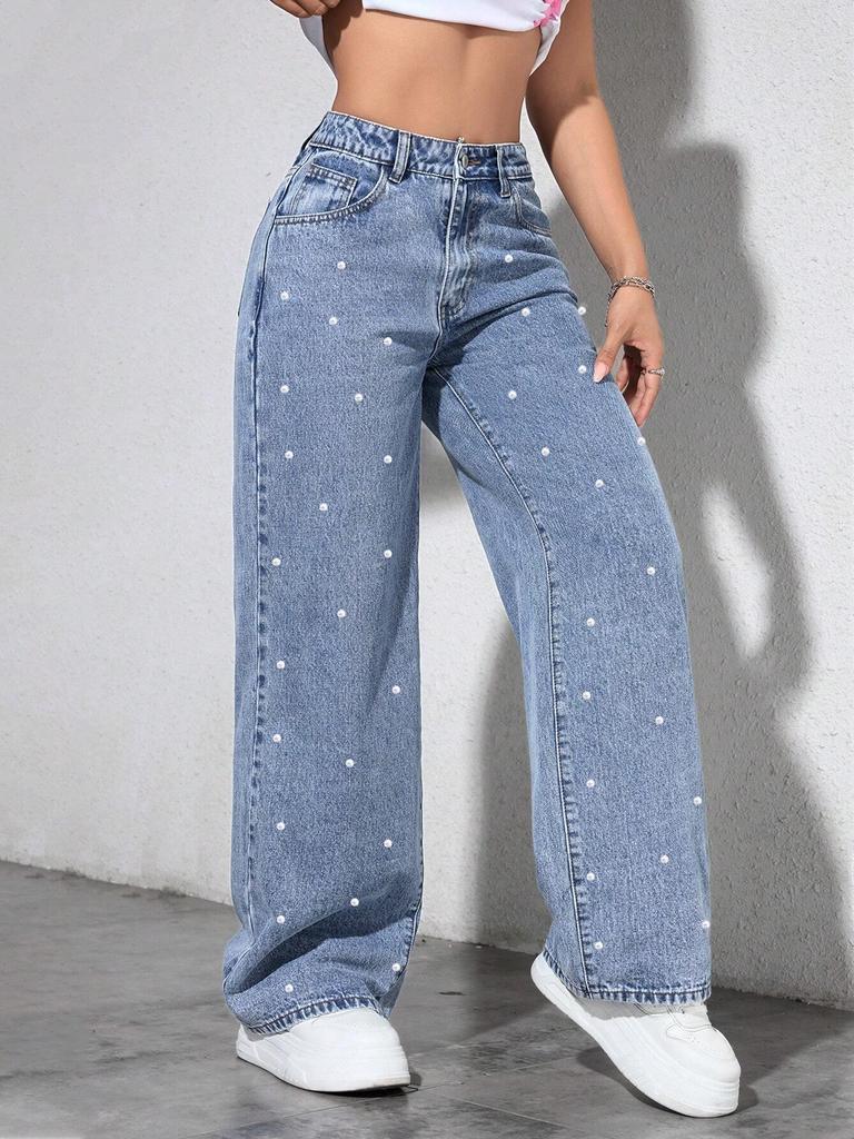 INS Style Pearl Adorned Straight-Leg Wide Denim Pants