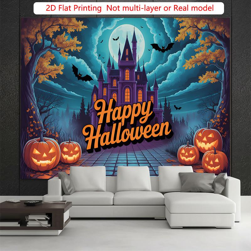 Party Backdrop Halloween Castle Flat Spooky Pumpkin Pumpkins Bats Celebration Photo Booth Party Decor