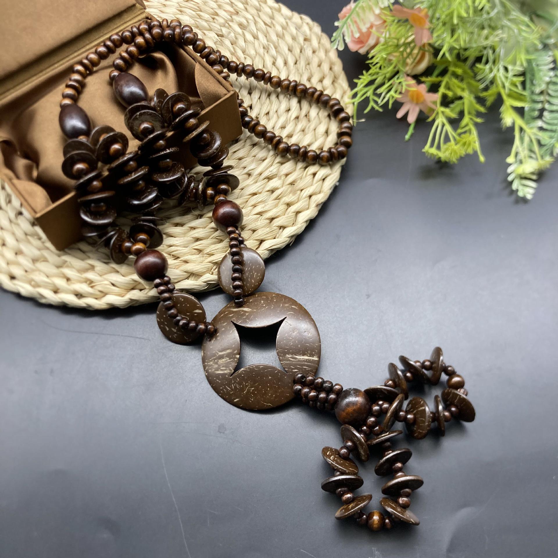 Богемное длинное ожерелье: Кокосовая скорлупа, Деревянная бусина, Хлопково-льняной стиль