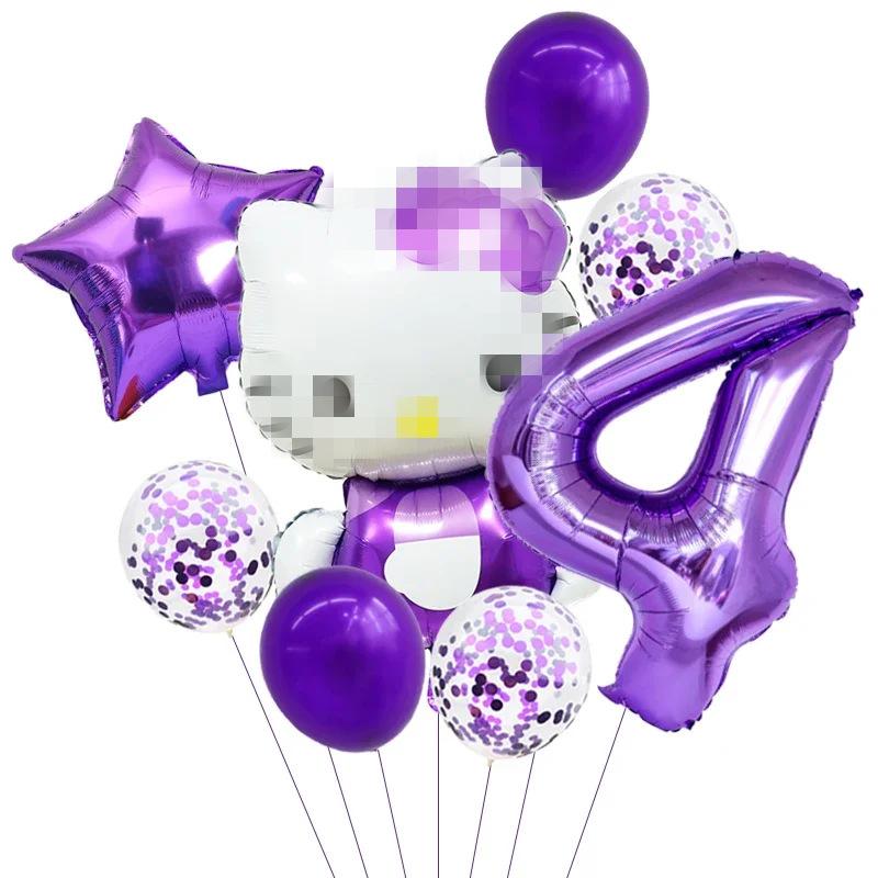 Cartoon Cat Pink Purple Rose Red Digital Bow Aluminum Film Balloon Baby Birthday Background Decoration Party