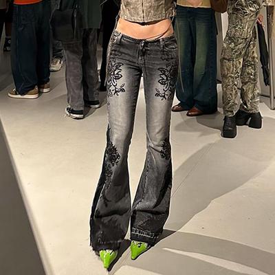 American Retro High Street Plant Printed Washed Denim Jeans, 2024 Autumn Vintage Low Waisted Slightly Flared Pants New Style
