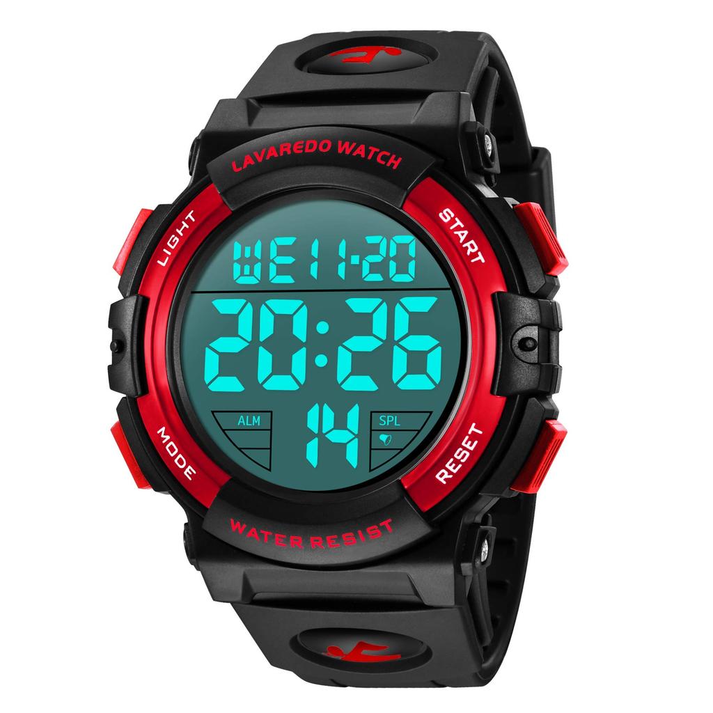 Senors Watch Digital Sports 50m Waterproof Stylish Multifunctional LED Display Outdoor Watch Men's (3-Red)