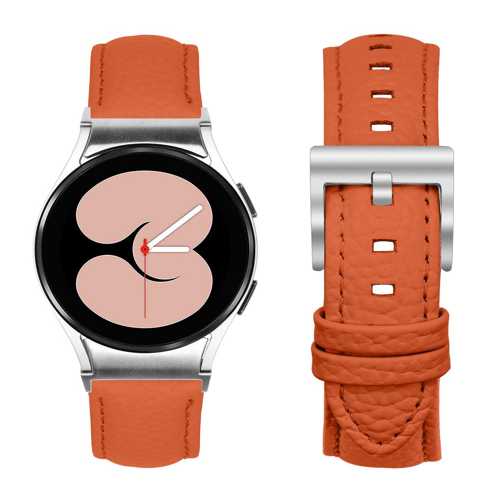 Genuine Cow Leather Strap with Connector for Samsung Galaxy Watch FE 40mm/Watch7/Watch6/Watch 5/Watch4 Litchi Texture Silver Buckle Watch Band