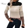 Crew Neck Women Sweater Knitting Tops Round Long Sleeve Color Blocked Knitted Tummy Cover Pullover Loose Hem H-Shaped Warm Casual Daily Wear H-shaped
