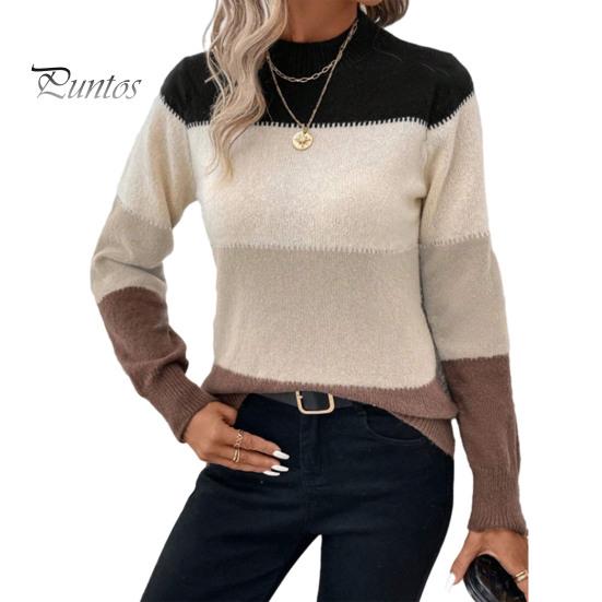 Crew Neck Women Sweater Knitting Tops Round Long Sleeve Color Blocked Knitted Tummy Cover Pullover Loose Hem H-Shaped Warm Casual Daily Wear H-shaped