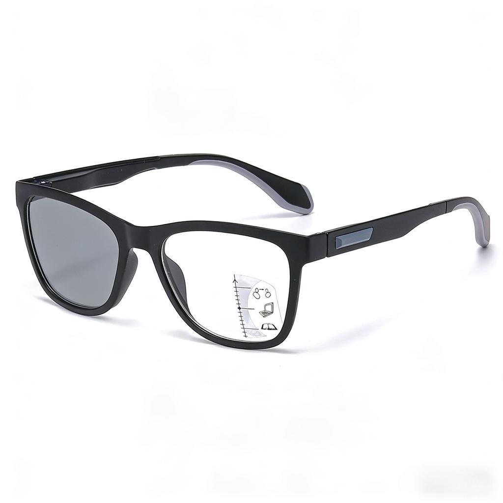 Square Frame Multifocal Photochromic Reading Glasses Men's Business Anti Blue Light Multifocal Degree Glasses Near and Away+4.0
