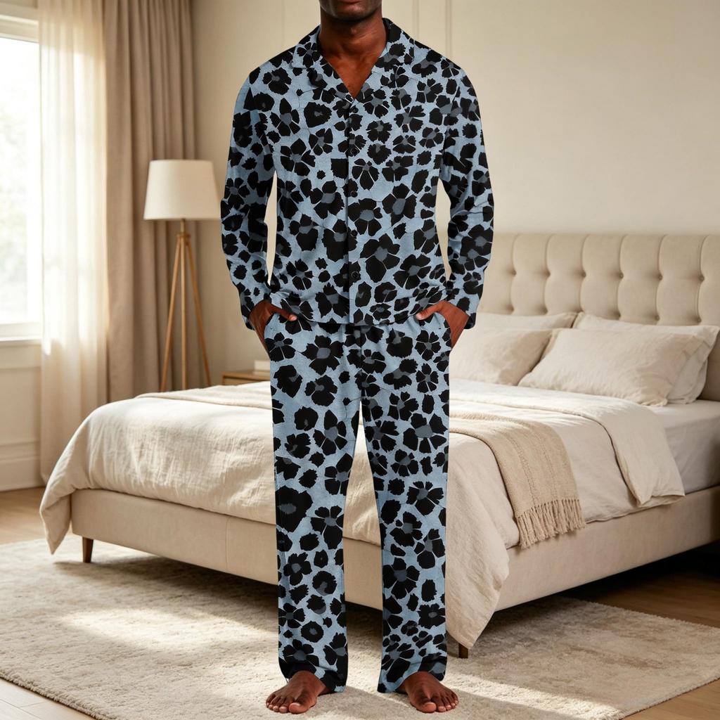 Pigiama Casual da Uomo a 2 Pezzi con Stampa Leopardo, Top con Bottoni e Vestibilità Larga, Pantaloni a Gamba Dritta