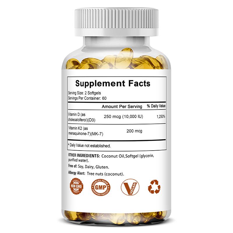 Vitamin D3 10000 IE + Vitamin K2 200 Mcg Nahrungsergänzungsmittel, 120 Weichkapseln pro Flasche