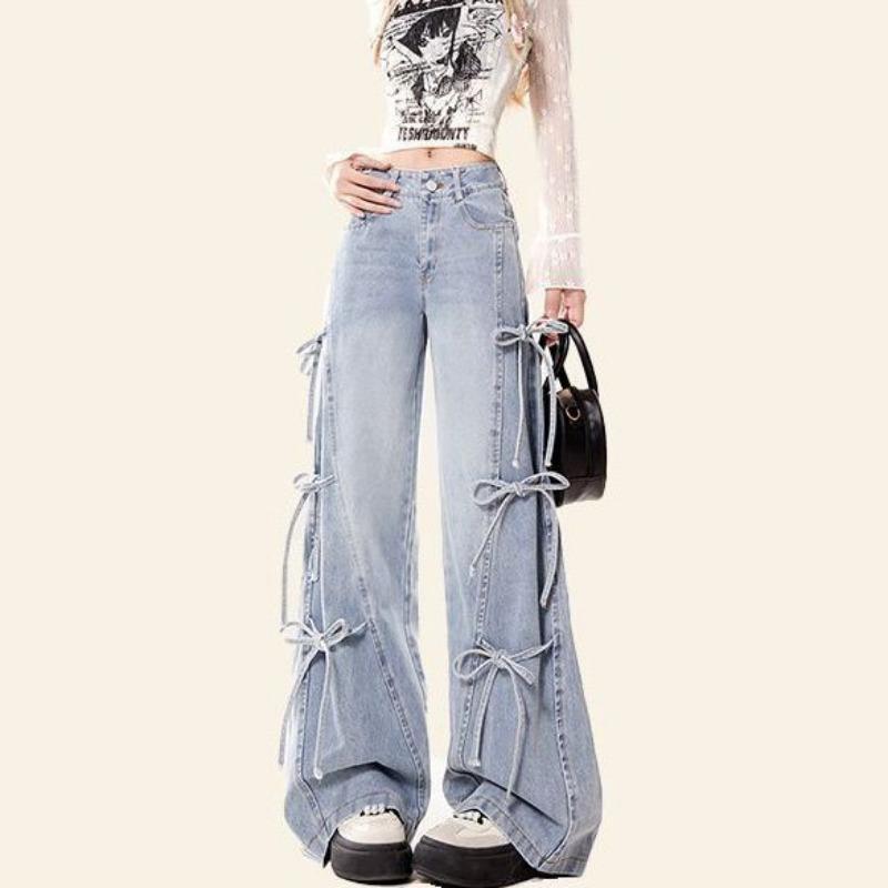 Bow Lace-up Jeans for Women Fall New American Retro Everything Loose Wide Leg Mop Long Pants Ins