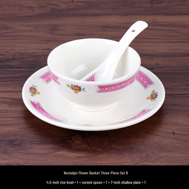 Hong Kong Style Vintage Ceramic Tableware: Fish Plate, Kway Teow Dish, Noodle Soup Bowl, Rice Bowl.