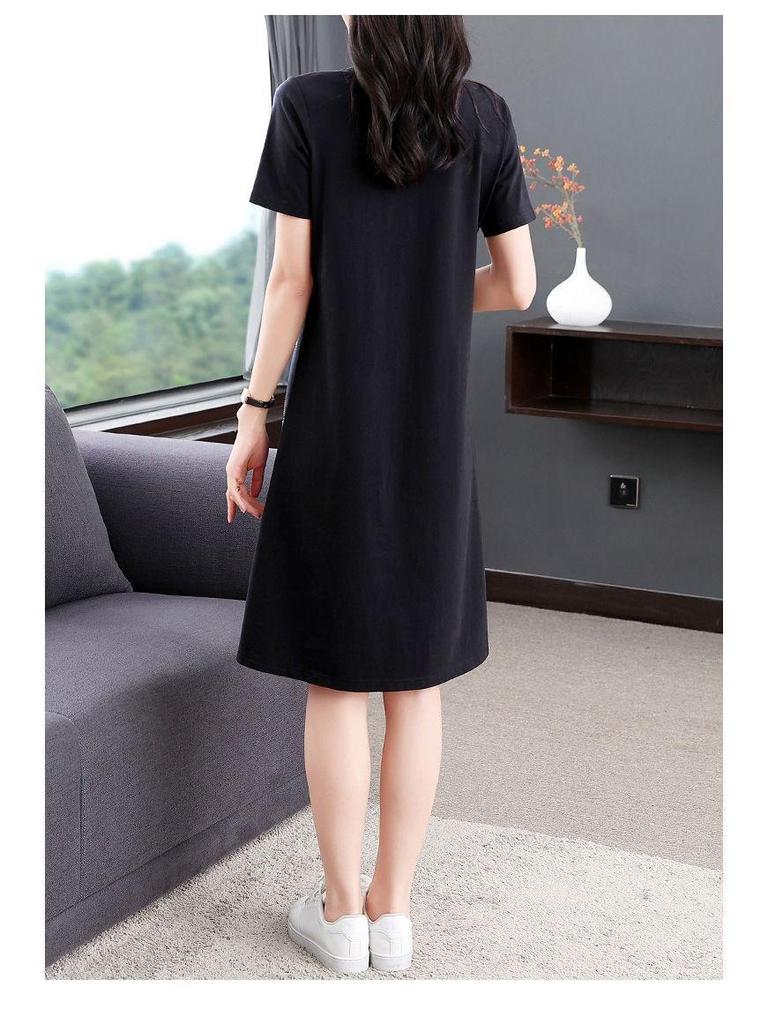 Women's Summer 2026 Plus Size Slimming A-line Black Dress - Mid-Length, Short Sleeve, Casual T-Shirt Style