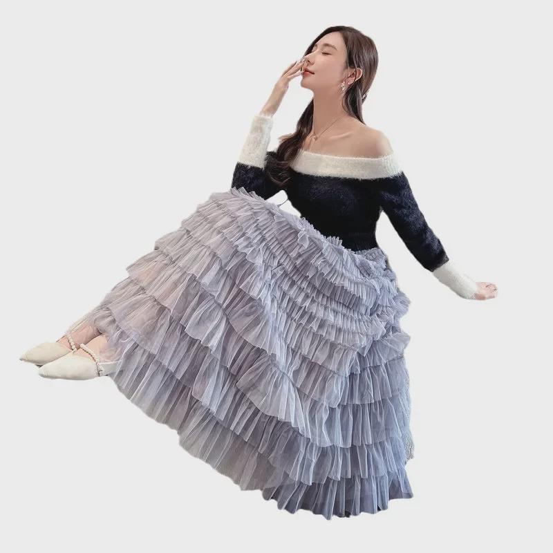 "2023 Spring/Summer Layered Mesh A-Line Skirt for Women"