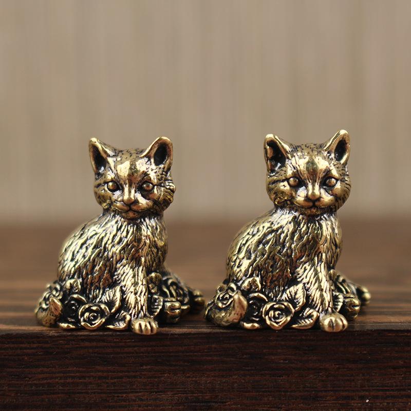 Ottone Gatto Carino Portapocket Vintage Piccolo Animale da Tè Ornamento Animaletto Figurina Gatto Miniatura Decorazioni da Scrivania