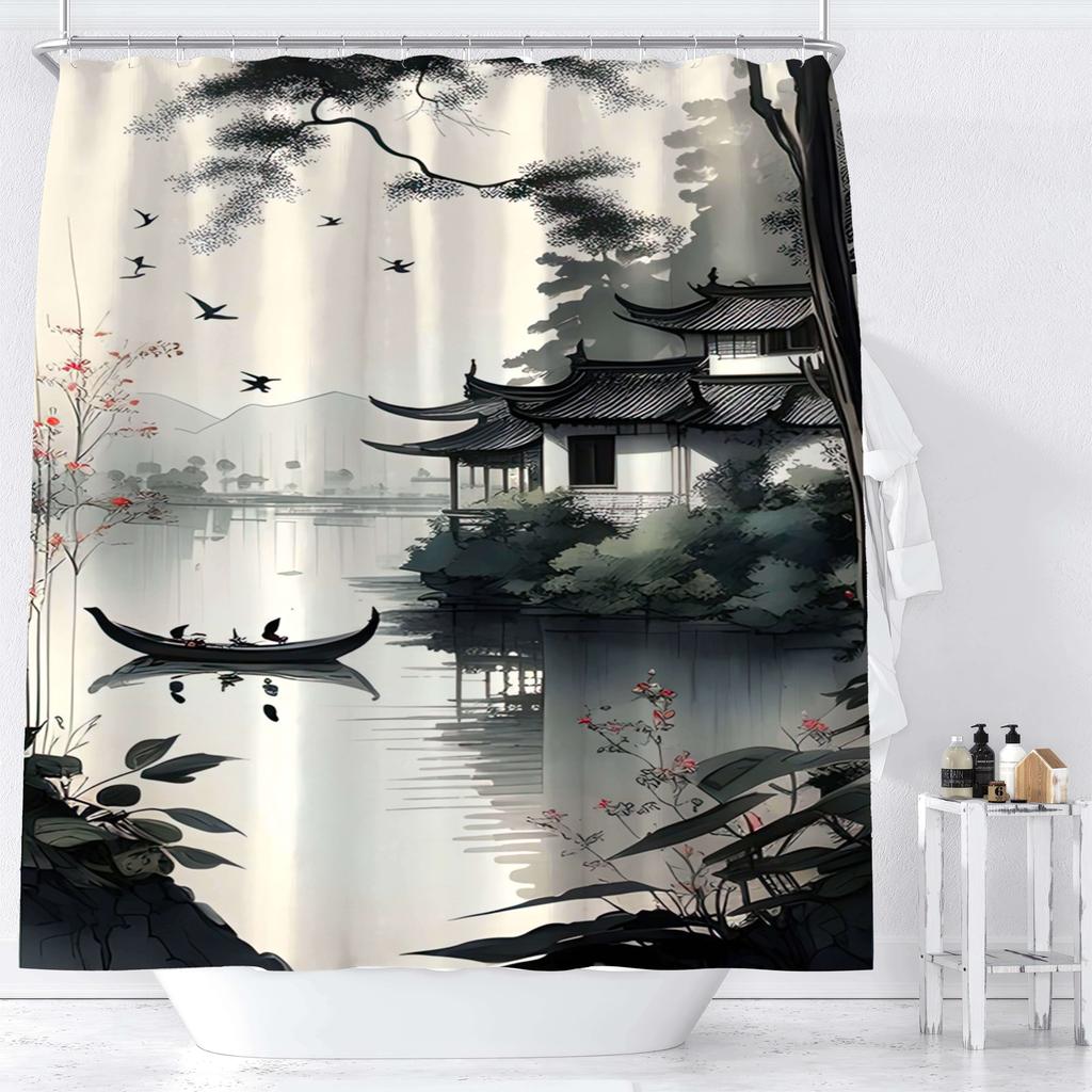 Chinese Landscape Print Waterproof Shower Curtain For Bathroom, Elegant Ink Painting Design High-End Toilet Partition Curtain