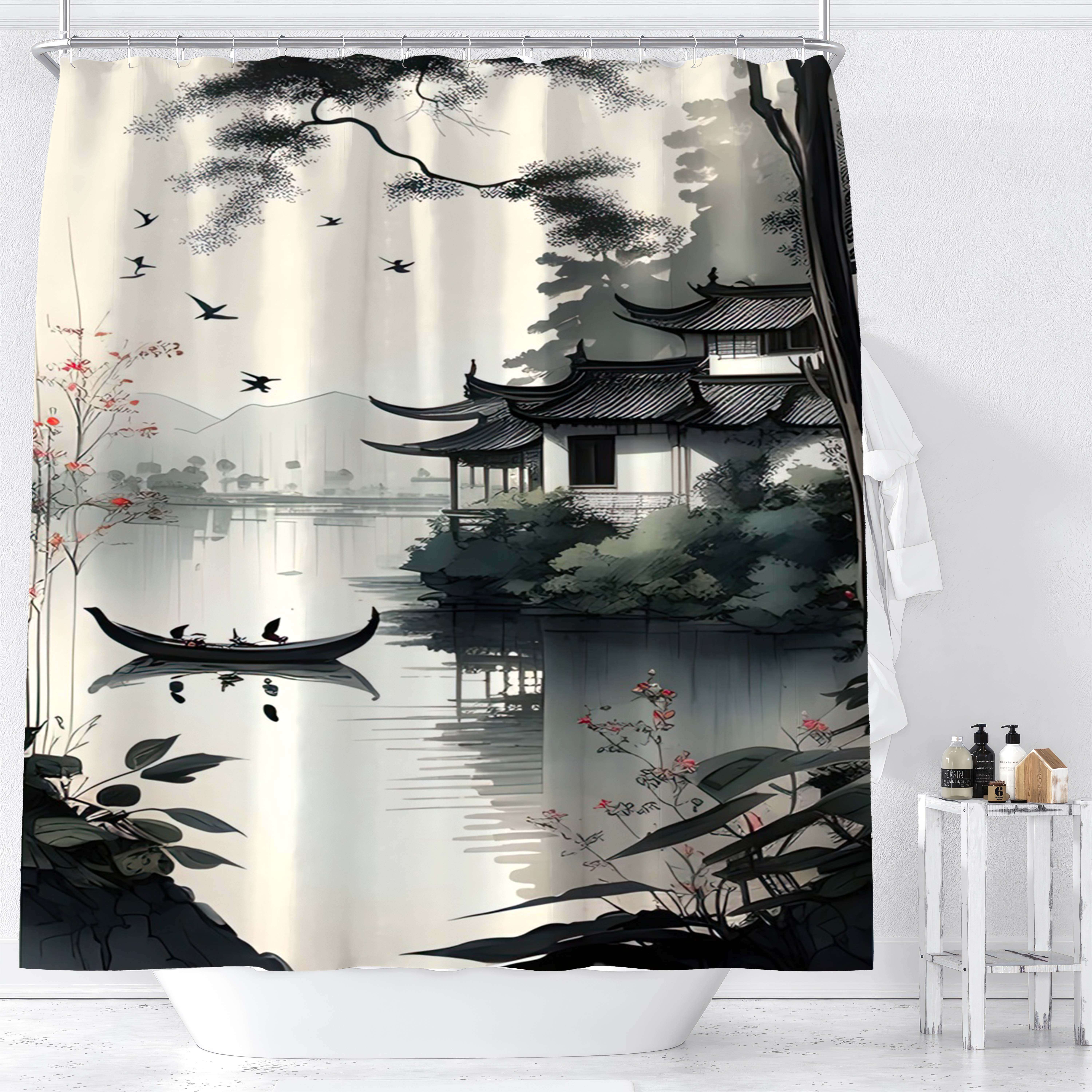 

Chinese Landscape Print Waterproof Shower Curtain For Bathroom, Elegant Ink Painting Design High-End Toilet Partition Curtain W60H190(CM)-1 Pcs