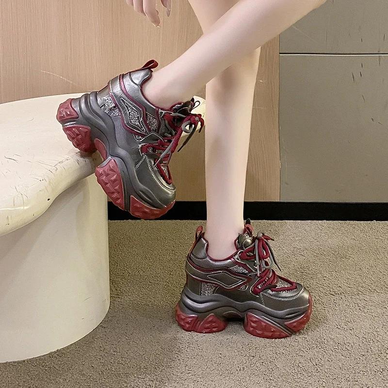 Fashion Women Chain Chunky Sneakers White Black Fashion 10CM Thick Sole Casual Ladies Vulcanized Shoes Sport High Platform Sneaker Woman