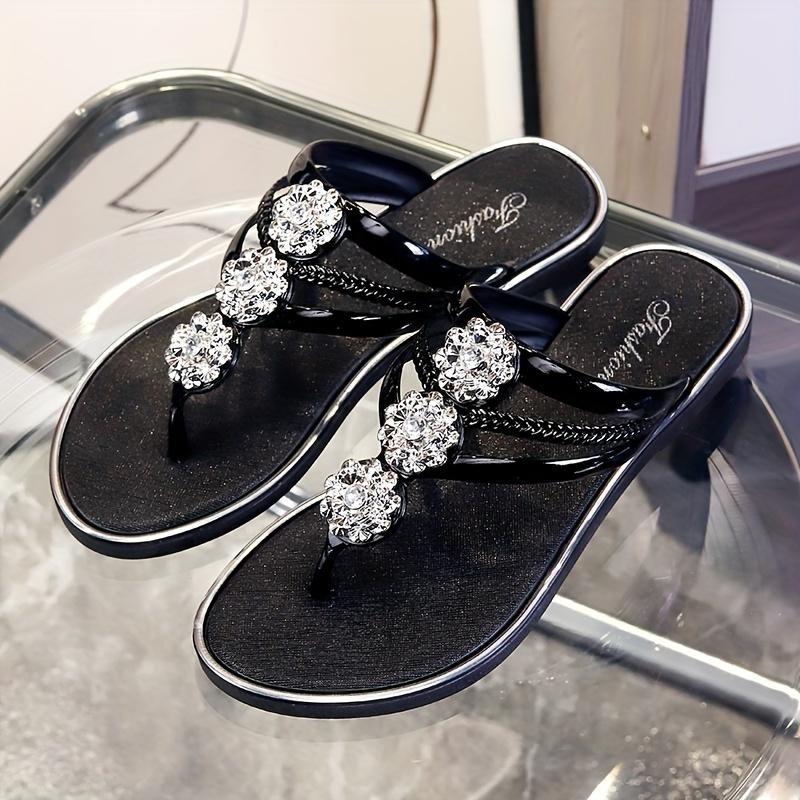 Sandalias elegantes con flores de diamantes de imitación para mujer: cómodas chanclas de playa con tacón plano, chanclas informales de PVC para todas las estaciones