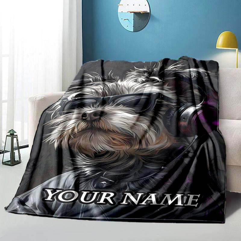 1PC Custom Name Musician Dog Style flannel blanket versatile, all-season throw suitable for the living room, bedroom, camping, travel, and gift