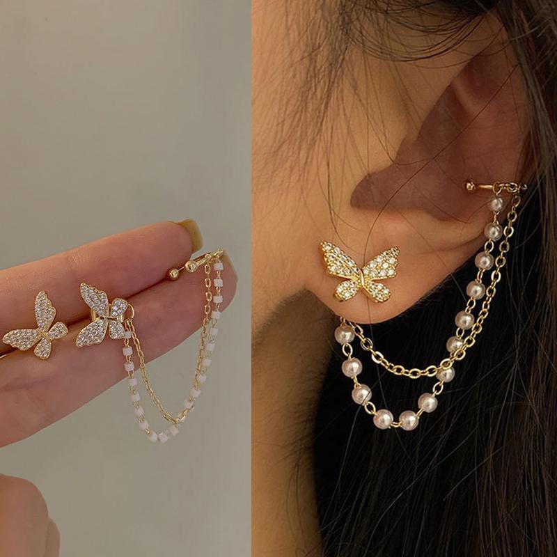 Boucles d'oreilles papillon élégantes et mignonnes en strass coréen pour femmes filles mode chaîne en métal zircon cadeaux
