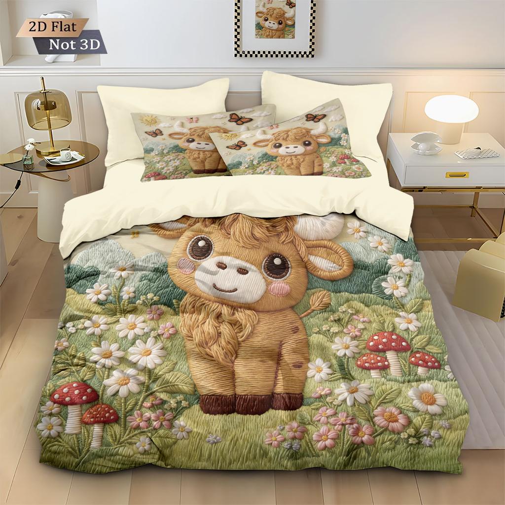 3Pcs Imitation Fabric Bad Highland Cow Print Down Duvet Cover Set, Multi Size Bedroom Bedding Decoration, Machine Washable