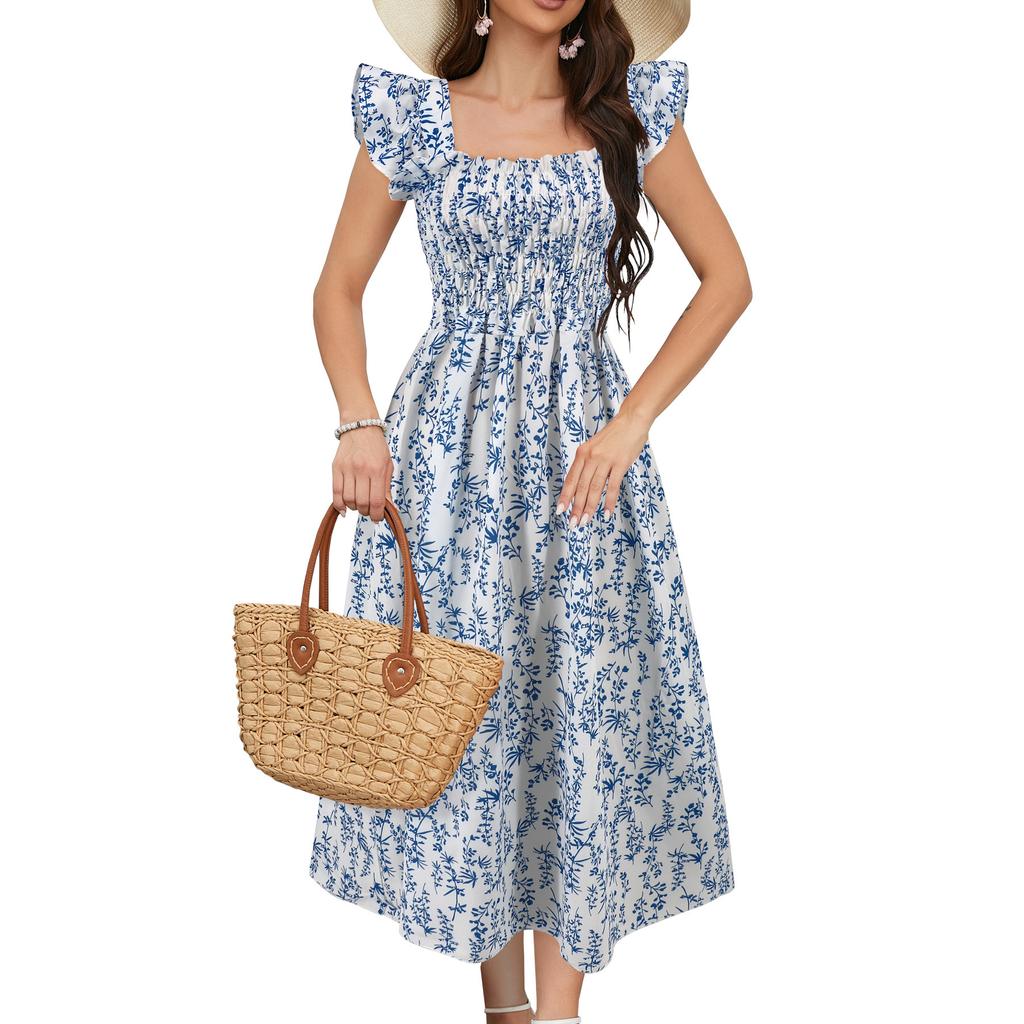 European and American summer new Feifei sleeve printing skirt casual waist square collar A pendulum skirt