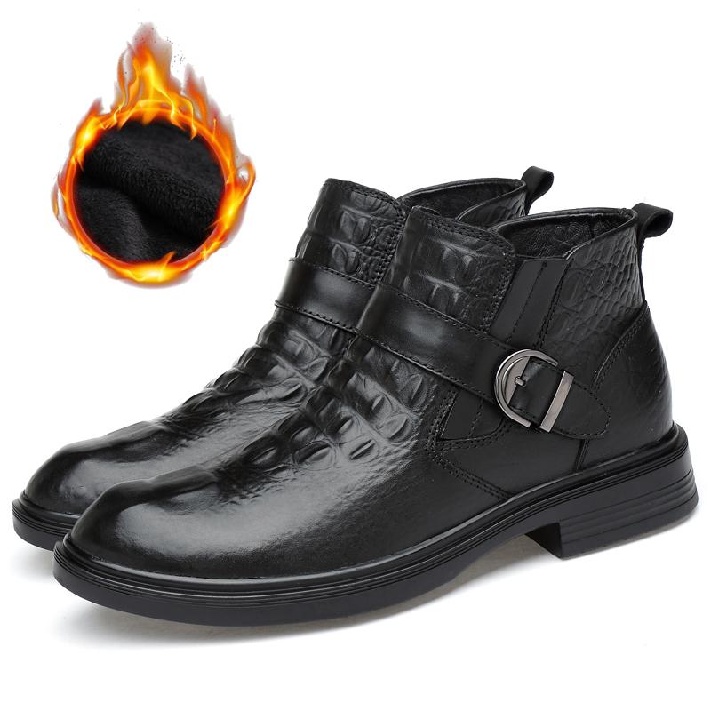 Fashion Winter Boots New Luxury Brand Plus Hair Men Boots  High Top Crocodile Leather Shoes Men Business Ankle Boots Leather Snow Boots