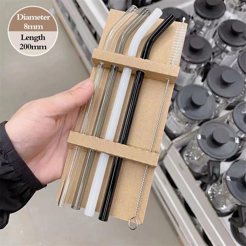 4PCS Reusable Glass Straws Multi-Color Drinking Straw for Milk Tea Juice Cocktail Straight & Bent Straw with Cleaning Brush