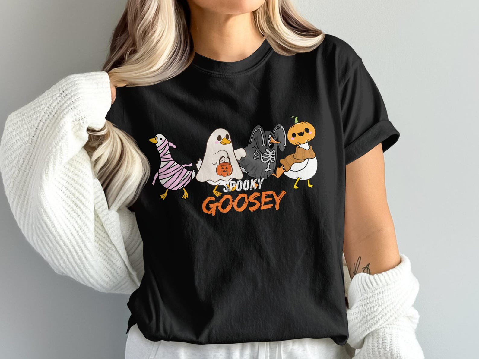 Spooky Goosey Halloween Geese T-Shirt, Funny Autumn Duck Costume Tee S