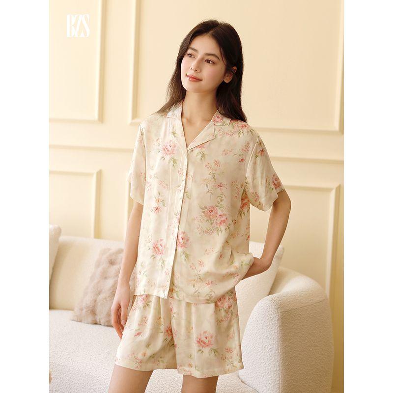25 Summer New Rayon Tribute Satin Nightdress Pink Peony Flower Print Contrast Color Sling Dress Homewear Set