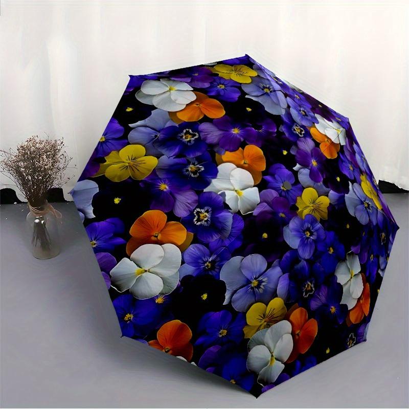 1pc Pansy Flowers Automatic Opening/Closing Folding Umbrella with 51 Ribs, Plastic Handle, Windproof Portable Sunshade Umbrella Halloween an