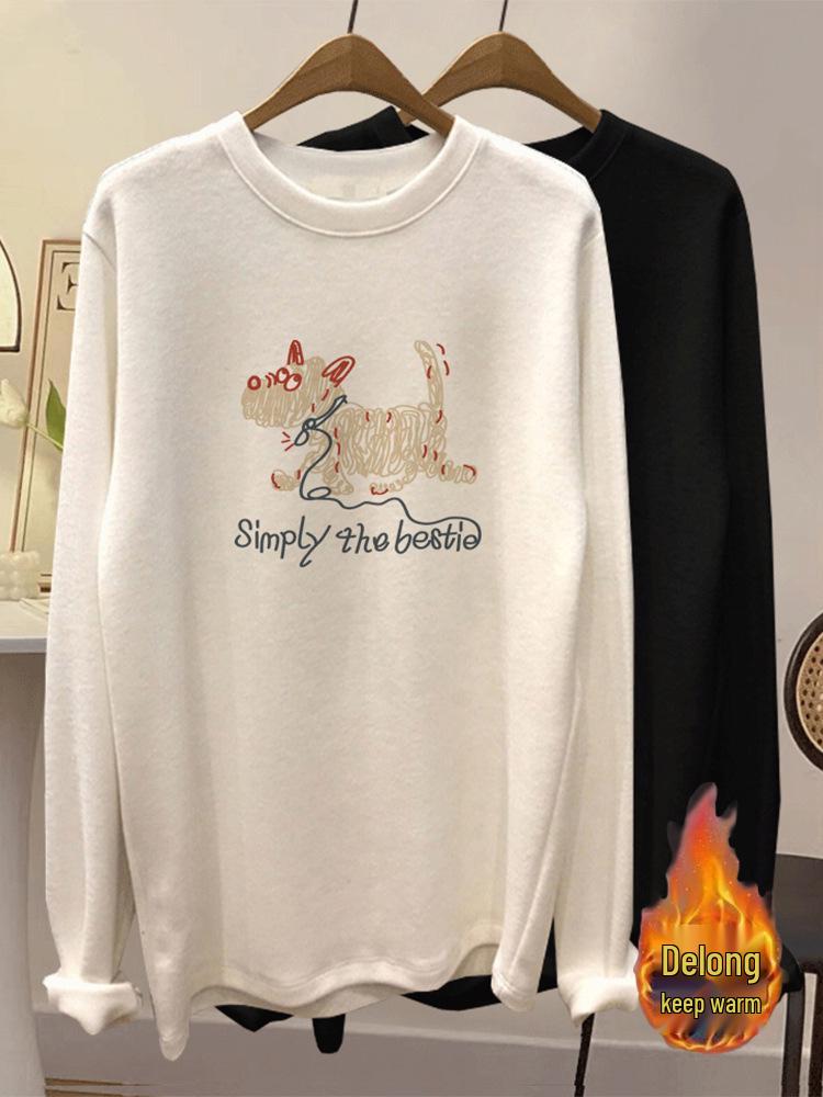 Fluffy Brushed Long-Sleeve T-Shirt: Cozy, Loose Fit Ideal for Autumn & Winter; Perfect as a Base Layer or Standalone, with Full Coverage.