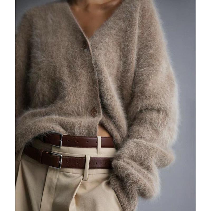 Plush Faux Mink V-Neck Knit Cardigan - Cozy Autumn/Winter Sweater Coat