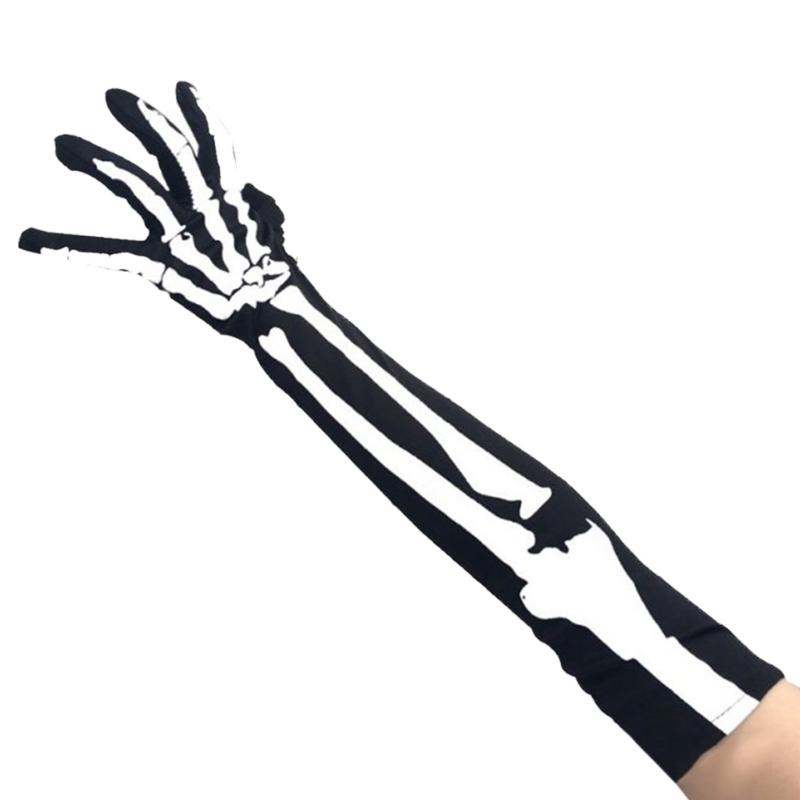 Halloween Skeleton Gloves Short Long Full Finger Bone Print Mittens Dress Party Costume Accessories for Women Men