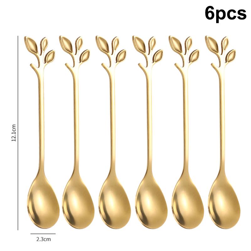 6Pcs Creative Personality Stainless Steel Gold Spoons Tree Leaf Spoon Coffee Spoon Tea Spoon Home Restaurant Dessert Cutlery Set