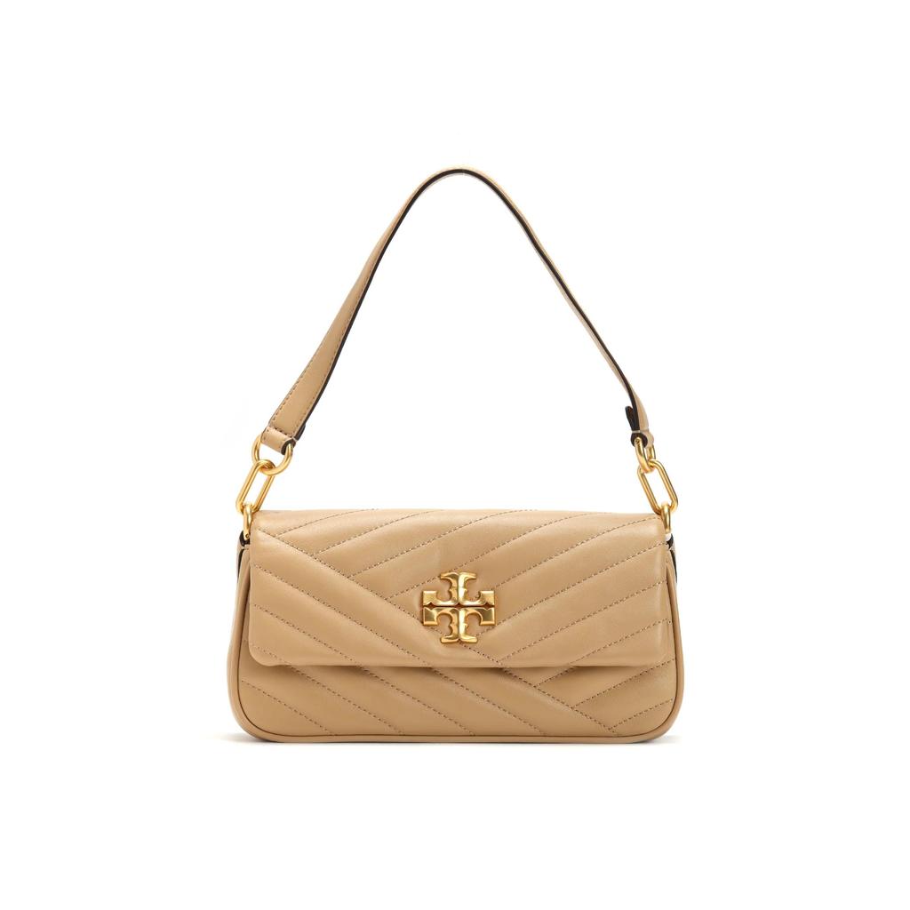 Tory Burch Kira Gold Logo V-Stripe Quilted Flap Bag with Metal Clasp Leather Tote Bag Shoulder Bag Small Size Women's Style Tan