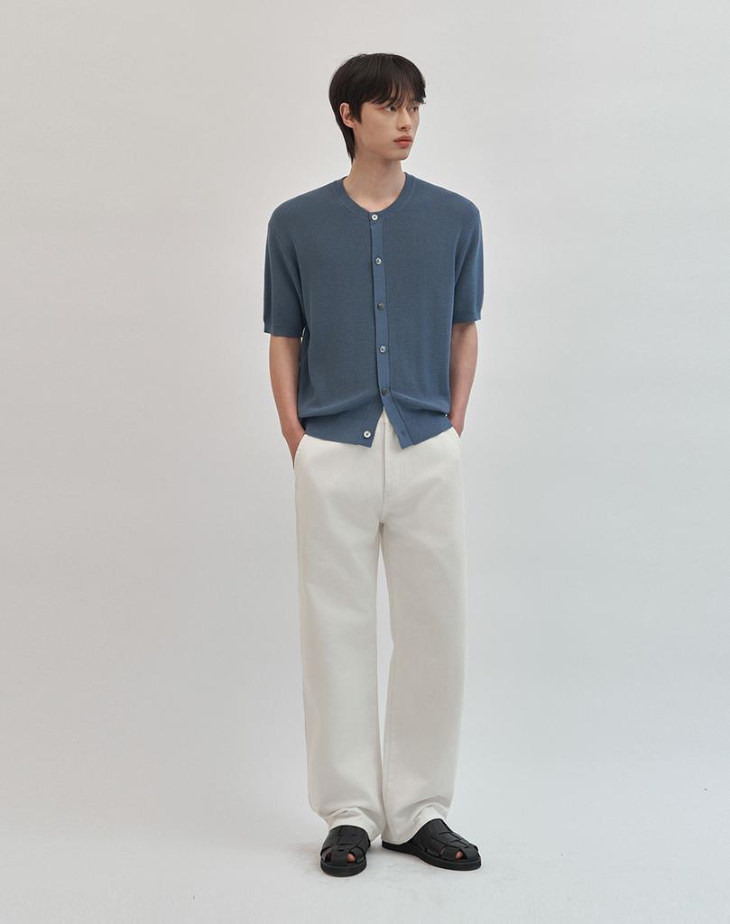 Work On Body Off Cool Bamboo Semi-Overfit Round Short Sleeve Knit Cardigan [Blue]