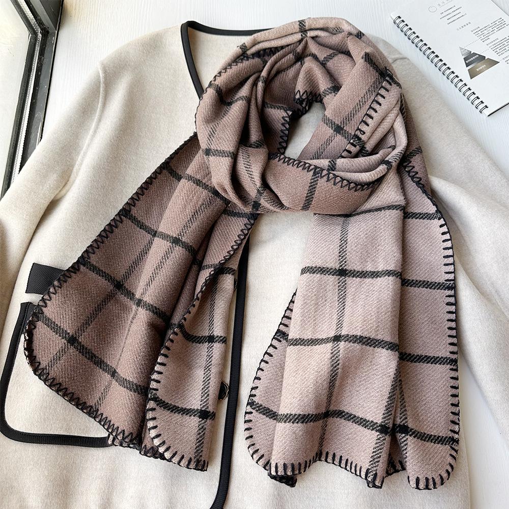 Double sided Scarf for Women in Autumn and Winter Korean Style Checkered Imitation Cashmere Neck Scarf with Edge Thickened and High End Shawl Trend