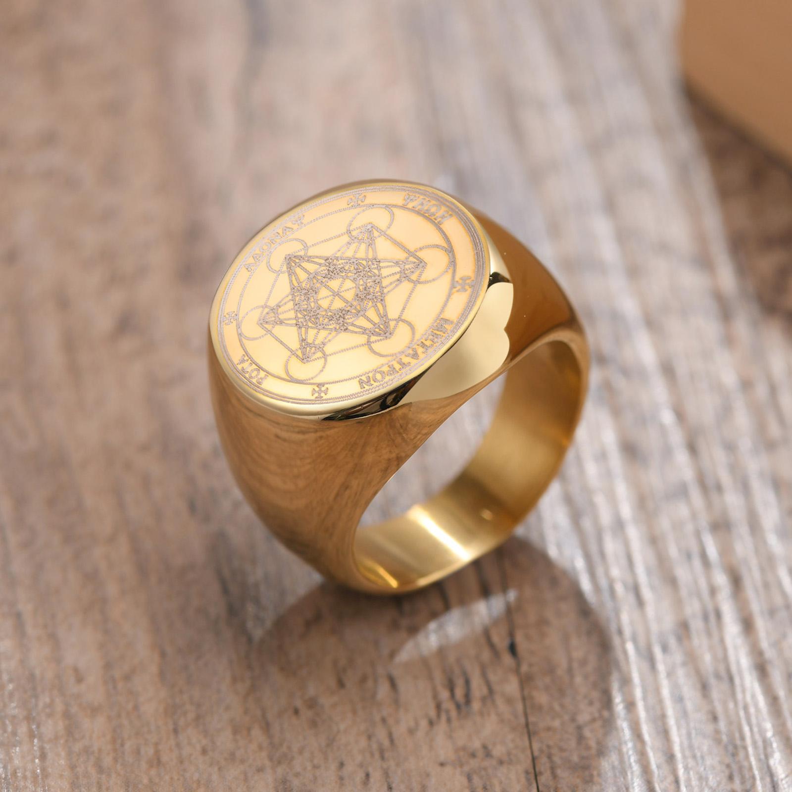 Vnox Sieben Siegel der Engel Ringe für Männer, Runde Stempel-Fingerringe, Metatron-Würfel Stempelring, Klobiger Punk Schmuck 11 brown