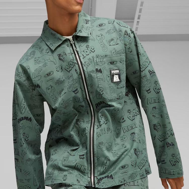 Puma X Ripndip Collaboration SS23 Comic Print Twill Zip Collar Long Sleeve Jacket Men Jackets Eucalyptus 622198-44