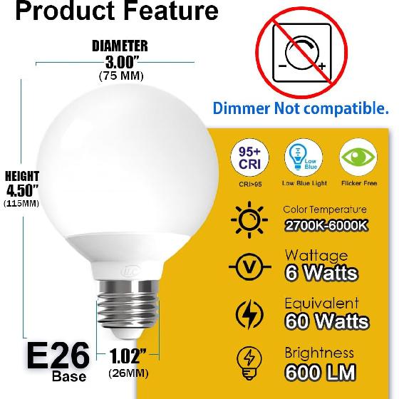 ILC G25 LED Vanity Globe Light Bulbs 6W, Work with Alexa Required Echo Device, Color Changing, 60W Equivatlent, Color Tunable CCT 2700-6000K,