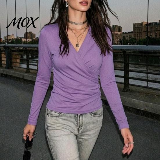 Skin Friendly Workwear Cross V-Neck Long Sleeve Top for Women, Slim Fit Sexy Relaxed Travel Clothing Pleated Shirt, Fall Solid Color Casual