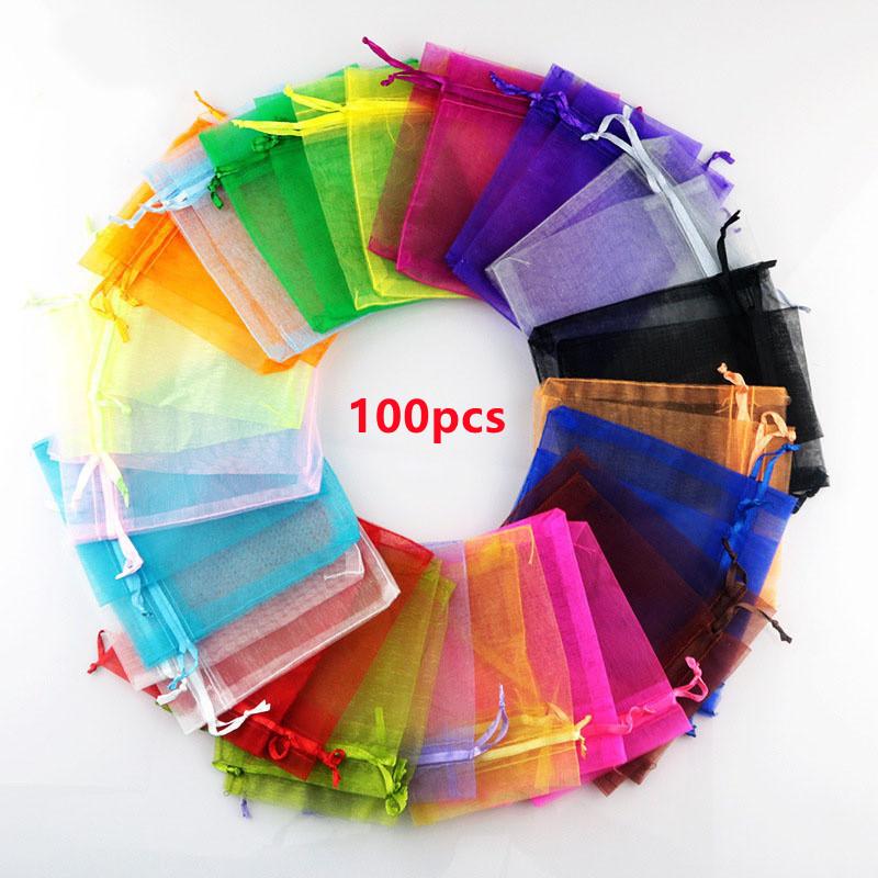 50/100pcs Solid Color Yarn Organza Gift Bags Organza Bag Mesh Wedding Candy Packaging Bag Storage Tulle Fabric Pouches 50%