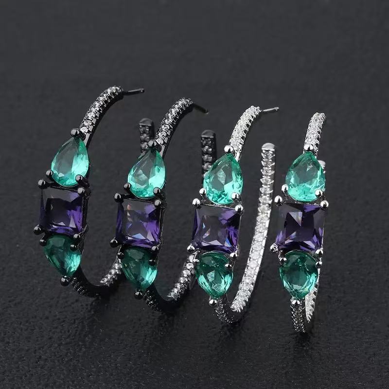 Trendy Green Water Drop Purple Square Princess Cut Cubic Zirconia Rhodium Plated Double Sided Brass Hoop Earrings for Party чёрный
