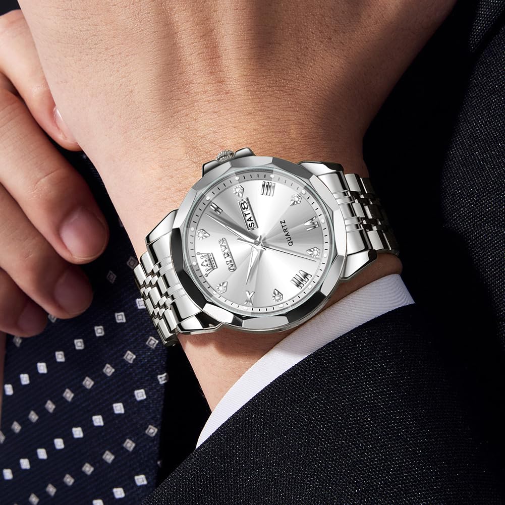 OLEVS Quartz Fragrance Stainless Date Brand White Men's Watch, Steel, Waterproof, Display, Calendar, Luminous, Popular, Stylish, Name,